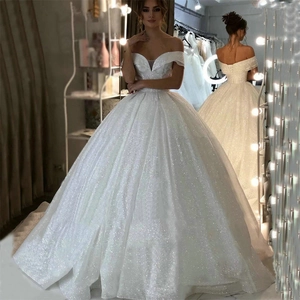 Elegant Off Shoulder Wedding Dress Glitter Sequin Ball Gown Lace Up Back Bridal Gown Formal Evening Party Small Trail