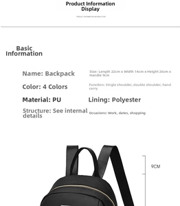 Detailed size chart of the waterproof black mini backpack showing 22x14x26cm dimensions