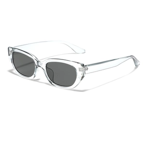 Trendy narrow rectangular street style sunglasses with transparent frames and dark grey lenses
