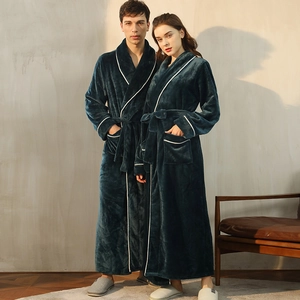 Thick dark green flannel couple bathrobe with white piping and belted waist for winter