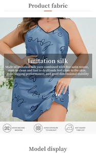 Detail of blue satin nightgown featuring love print and smooth imitation silk texture