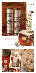 Detail of vintage PET stickers with botanical and stamp designs in a creative journal set