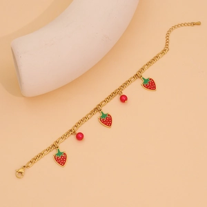 Collier gourmette doré avec jolis pendentifs fraise et perles rouges tendance