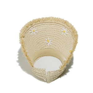 Close-up of straw sun visor featuring frayed edges and white daisy floral embroidery