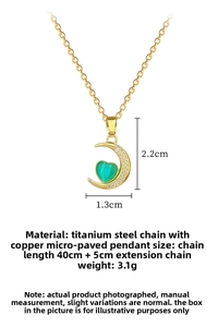 Detailed dimensions of 2.2cm moon and green heart pendant with titanium steel chain