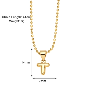 Detail view of the letter T gold necklace with measurements 44cm chain and 14mm pendant