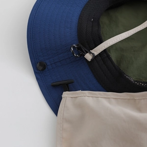 Detail of the detachable face mask with snap buttons and breathable mesh on sun hat