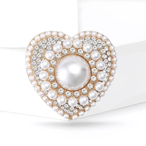 Elegant gold heart brooch with white pearls and sparkling rhinestones for women