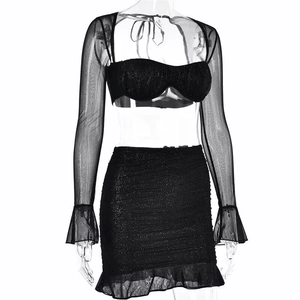 Detail of black sheer mesh long sleeves with flare cuffs and glitter fabric skirt