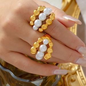 Elegant gold-plated titanium steel multi-layer ring set with pearls for women