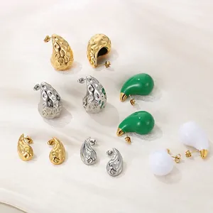 Geometric Water Drop Earrings Stainless Steel 18K Gold Plated Hammered Texture Hollow Stud Jewelry For Modern Women