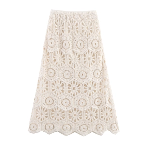 Jupe longue bohème au crochet blanc cassé avec motifs floraux géométriques ajourés