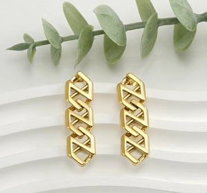 Detailed view of 18K gold plated stainless steel geometric chain drop earrings on white base