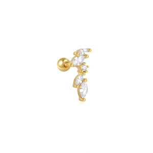 Detail of gold curved cluster earring featuring marquise cut clear zircon with screw ball back