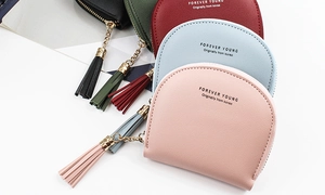 Flat lay of macaron-colored shell zip coin purses with leather tassels and pebble texture