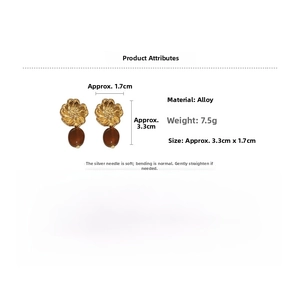 Detailed view of metal flower earrings with dark resin drops and product dimensions