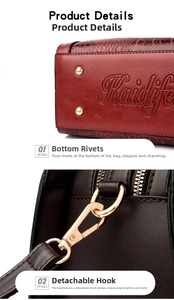 Macro detail of litchi texture leather handbag with gold protective rivets and metal hooks