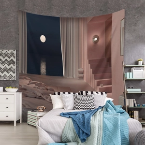 Detail of surrealist moon and architecture tapestry as bedroom wall decor backdrop