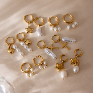 Set of 18K gold stainless steel hoop earrings with baroque pearls and charms