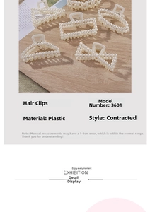Detail view of pearl hair claw clips in various shapes with product material specifications