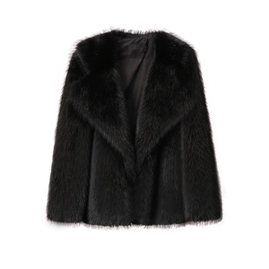Detail of black faux fur jacket showing the plush texture and thick notched lapel