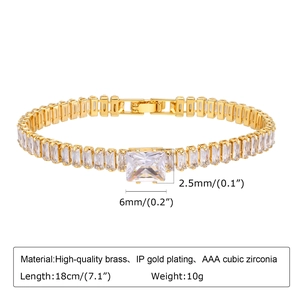 Detail view of gold-plated brass bracelet showing 18cm length and material specs