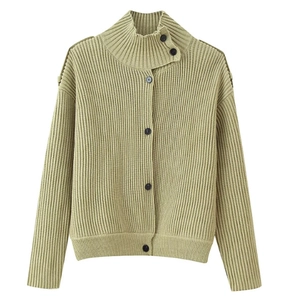 Detail of sage green ribbed knit cardigan featuring high collar and black buttons