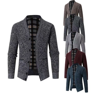 Herren Polyester Strickjacke Cardigan Pullover V-Ausschnitt Knopfleiste Karo-Futter Langarm Lässig Slim Fit Taschen
