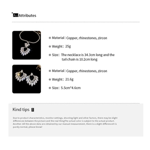 Detail view of rhinestone necklace set specifications including weight and size details