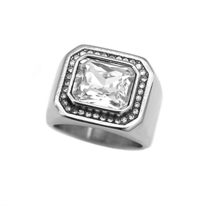 Luxury titanium steel ring for men with emerald cut clear zircon and pave diamonds