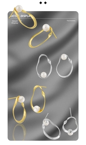 Close-up detail of S925 silver irregular hollow oval earrings with inlaid pearls