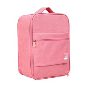 Pink three-layer travel shoe storage bag with tourism logo and luggage sleeve