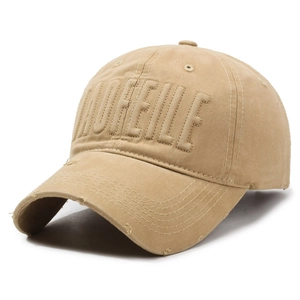 Khaki distressed baseball cap with 3D MOFEILE embroidery and vintage frayed brim