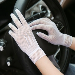 Close-up of white mesh driving gloves on a steering wheel for summer sun protection