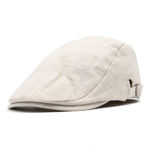 Beige cotton linen flat cap with breathable stripe texture and adjustable metal buckle