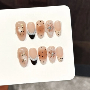 Handcrafted Nude Pink Coffee Press On Nails With 3D Relief Flower Rhinestone French Polka Dot Design Medium Oval Fake Nails
