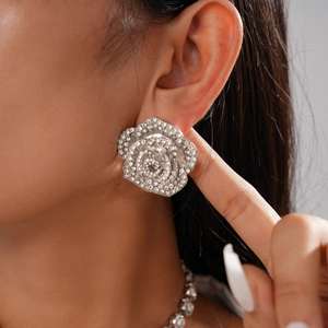 Vue macro de boucles d'oreilles rose en argent avec cristaux portées par un mannequin