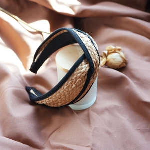 French vintage raffia straw braided headband with black fabric edge for beach vacation