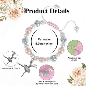Pink pearl bracelet for girls with ballet dancer pendant and adjustable woven cord