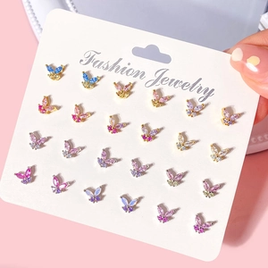 Detailed set of 12 pairs of colorful butterfly stud earrings with sparkling zircons