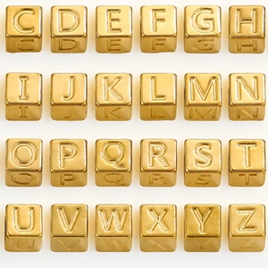 Polished gold stainless steel square alphabet beads with engraved letters C to Z