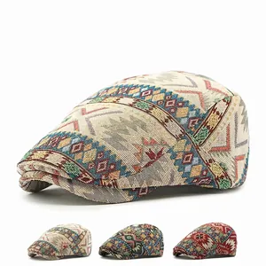 Vintage Ethnic Geometric Jacquard Ivy Cap Flat Hat For Men Women Retro Bohemian Style Breathable Adjustable