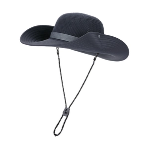 Dark grey wide-brim sun hat with breathable mesh crown and adjustable chin strap