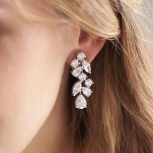 Flower Petal Dangle Earrings Copper Cubic Zirconia Leaf Shaped Elegant Wedding Party Accessory For Women