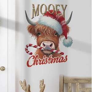 Sticker mural réaliste de vache Highland de Noël avec bonnet de Père Noël et sucre d'orge