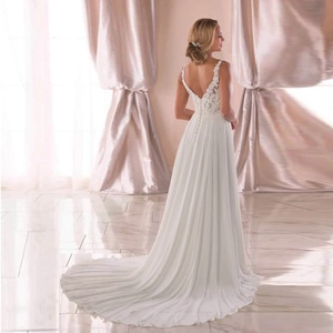 Elegant white A-line wedding dress with lace embroidery back and long chiffon train