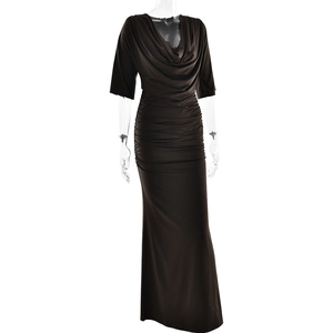 Detail of elegant black maxi dress featuring a cowl neck and gathered ruched details