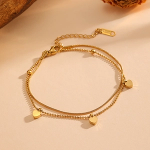 Double-layered 18K gold plated stainless steel heart charm bracelet with snake and bead chain