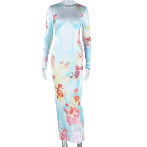 Close-up of long sleeve maxi dress featuring floral print on light blue and white fabric