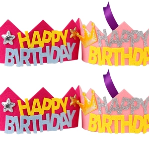 Felt Happy Birthday crown headbands in pink and rose red with star and candle decorations